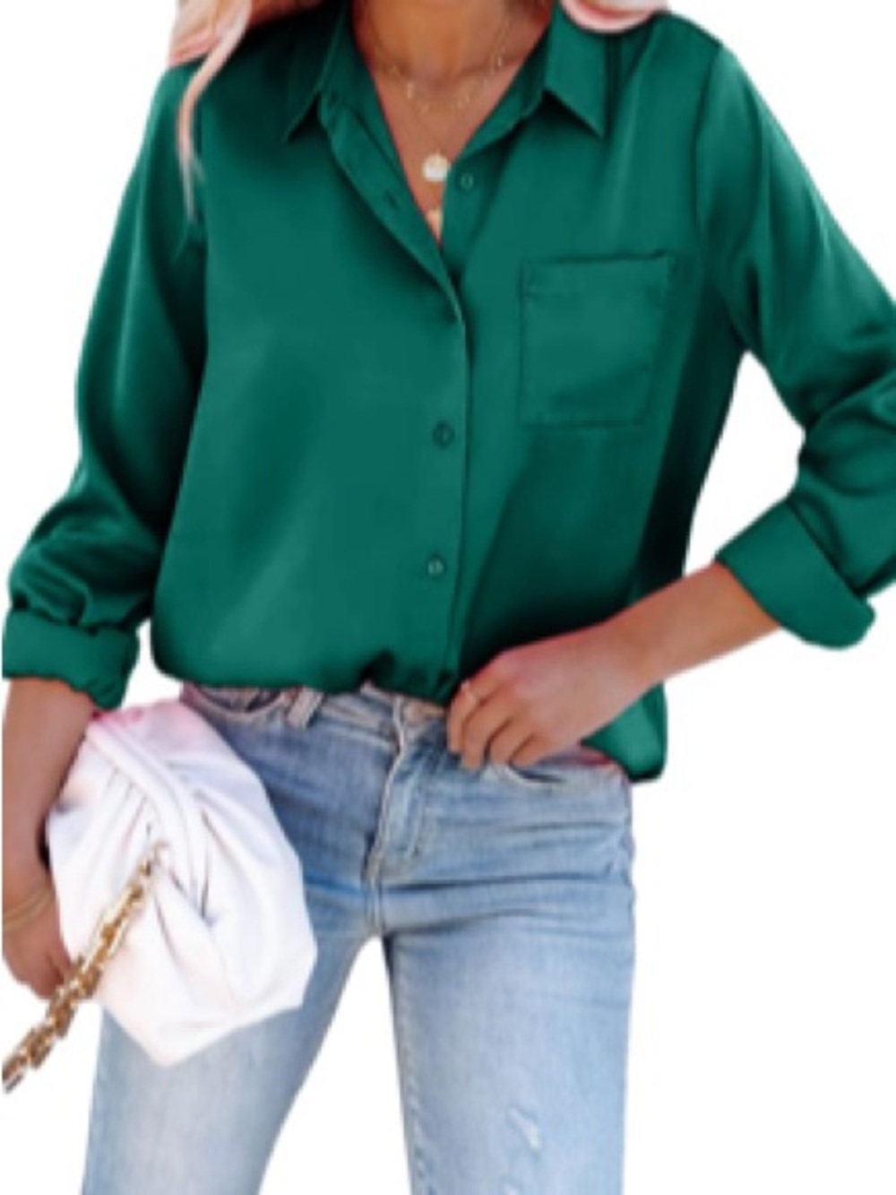 Pausus Women Long Sleeve V Neck Silk Blouses Button Sz S